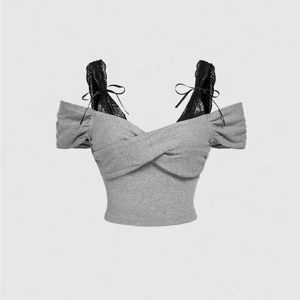 Gray Cap Sleeve Crop Top with Cut Out Tie Front